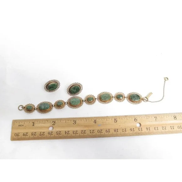 Vintage BEAU STERLING Signed Gold Vermeil Filigree Jade Cab Bracelet & Earrings